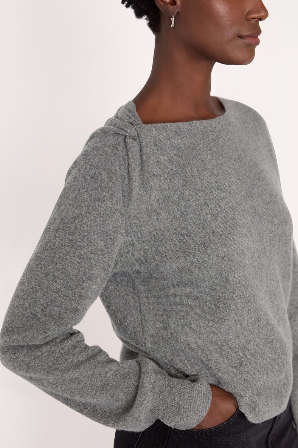 Grey Wool Twist Front Detail Knit