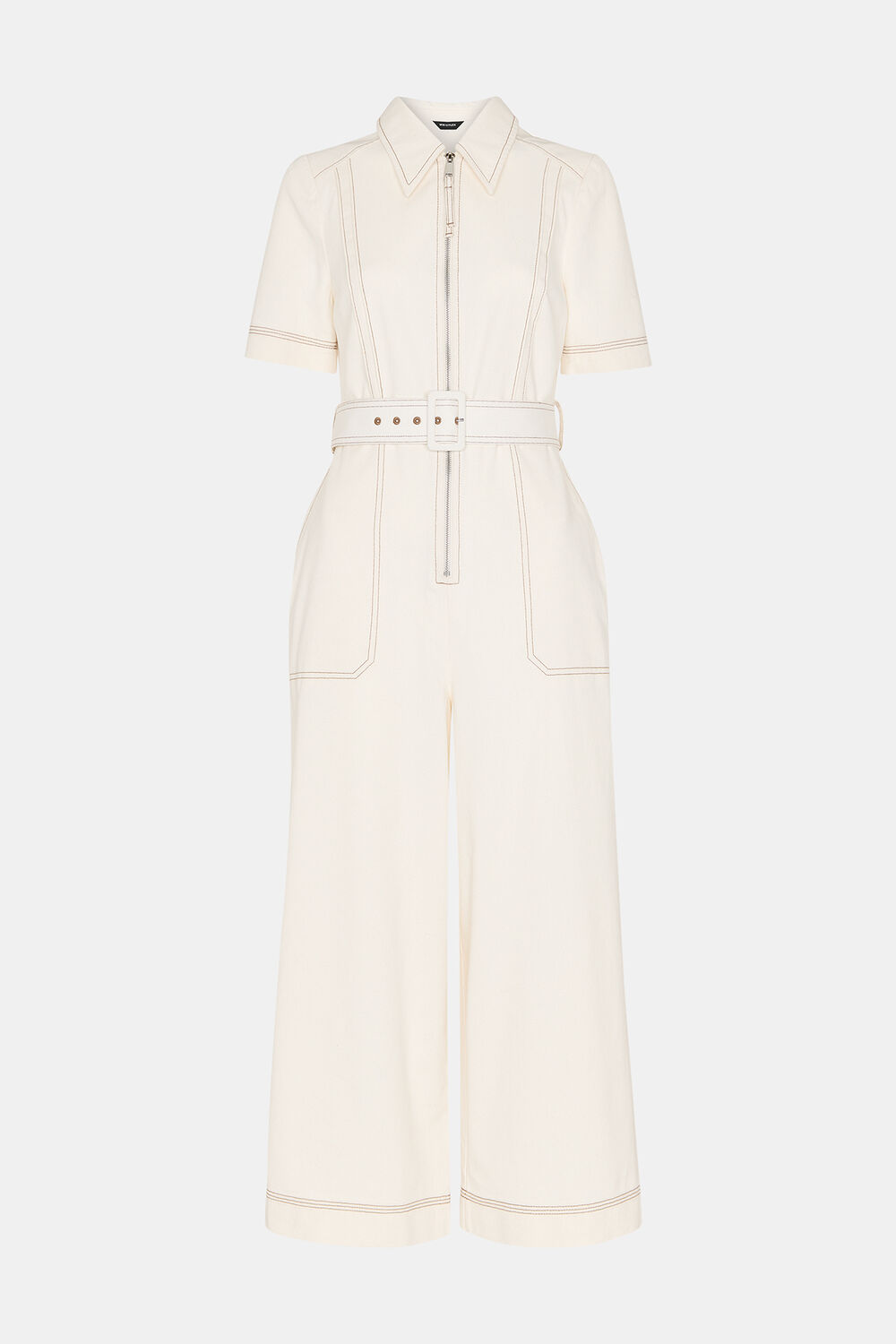 Denim Pintuck Belted Jumpsuit