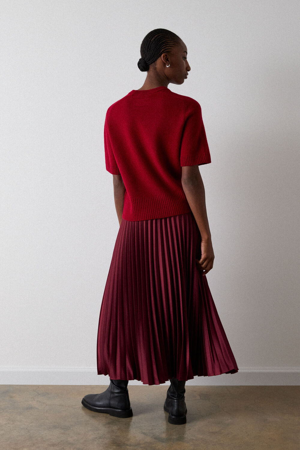 Burgundy Petite Satin Pleated Midi Skirt