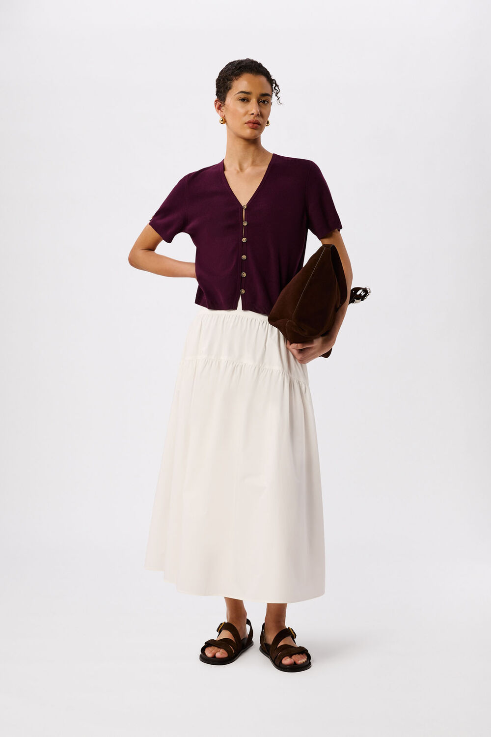 Plum Short Sleeve Button Front Knit