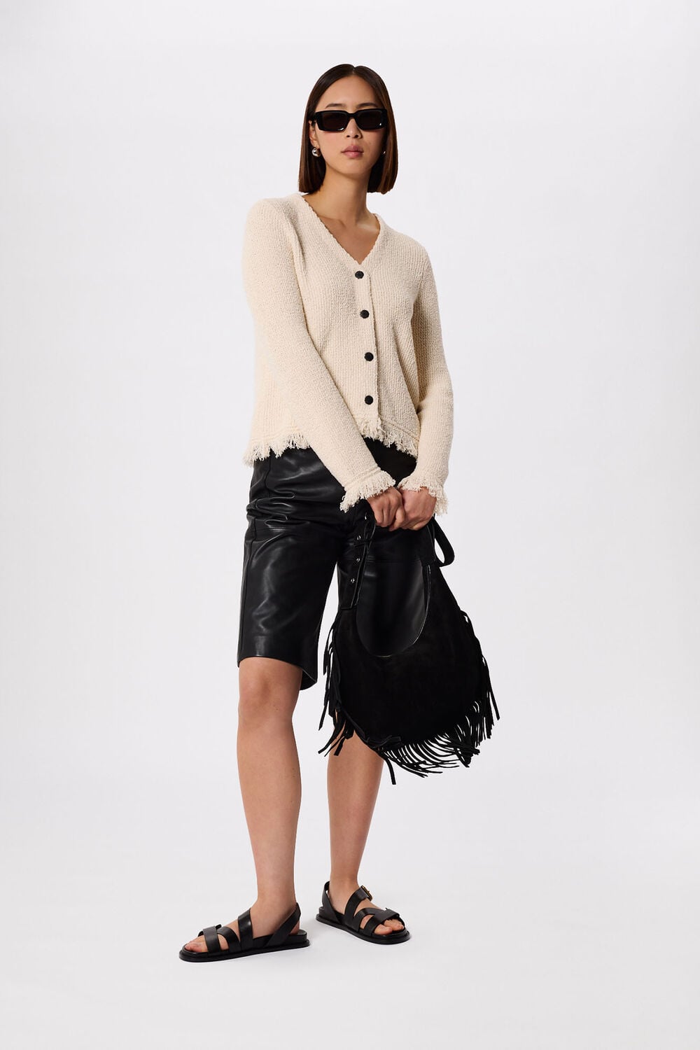 Ivory Cotton Boucle Fringe Cardigan