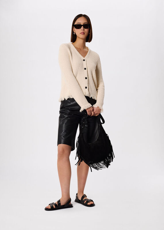 Ivory Cotton Boucle Fringe Cardigan