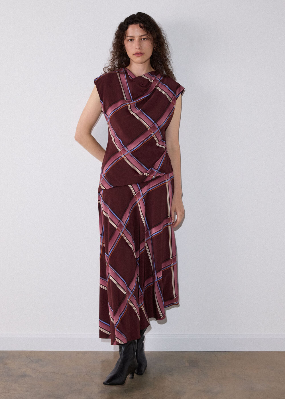 Brown Painted Check Cowl Neck Dress
