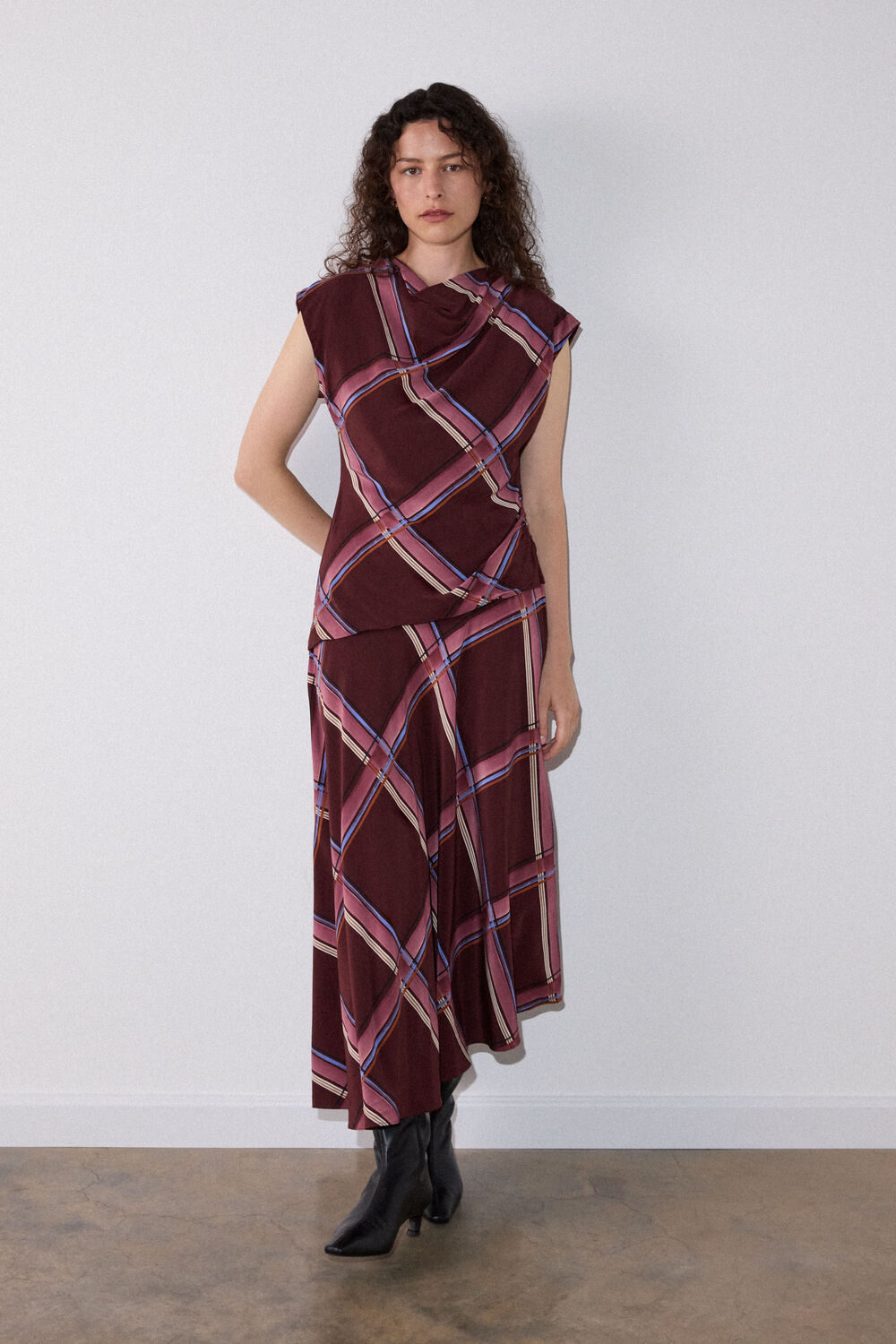 Brown Painted Check Cowl Neck Dress