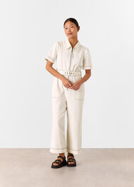 Petite Denim Pintuck Belted Jumpsuit