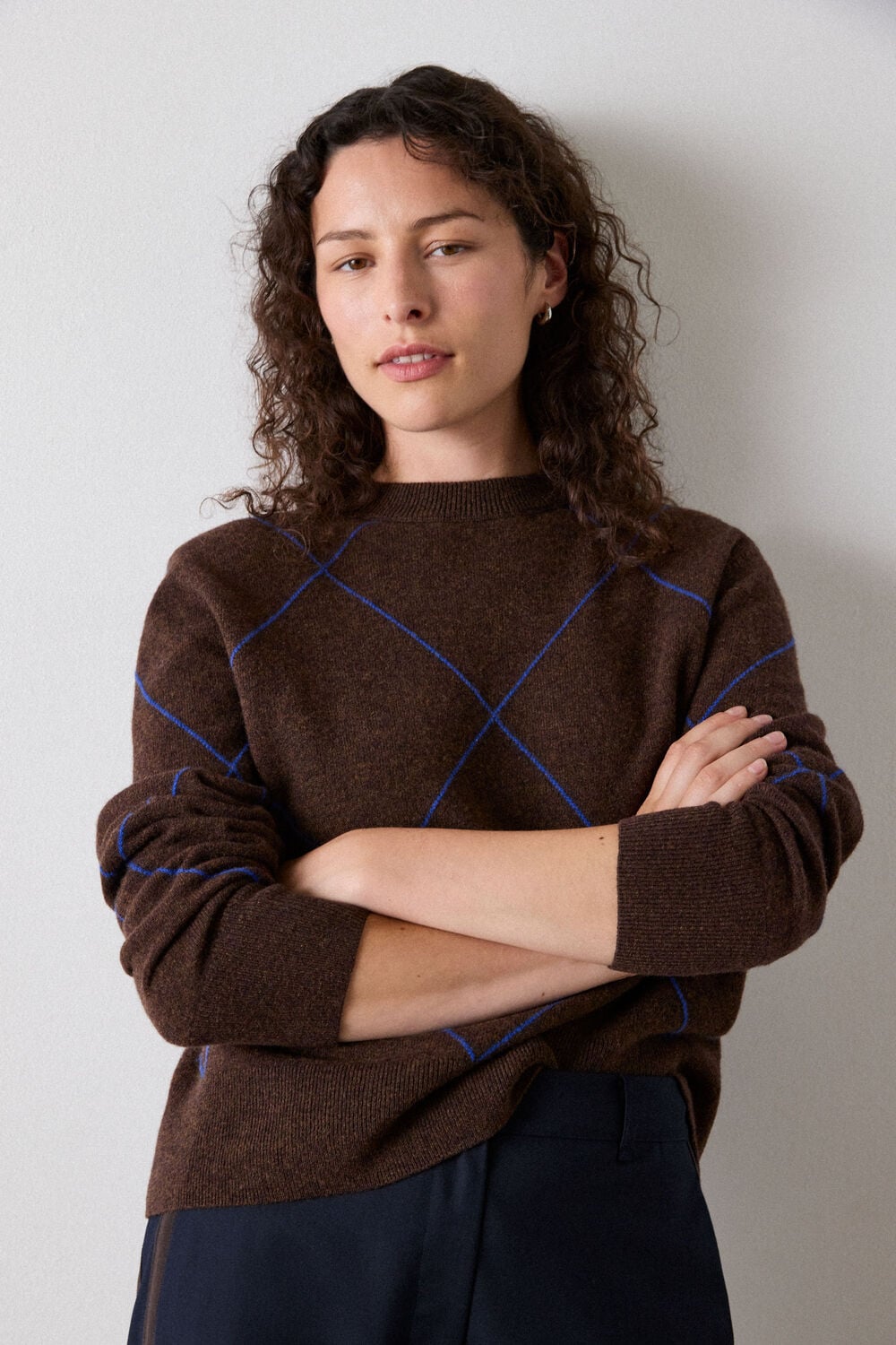 Brown Wool Contrast Diamond Knit