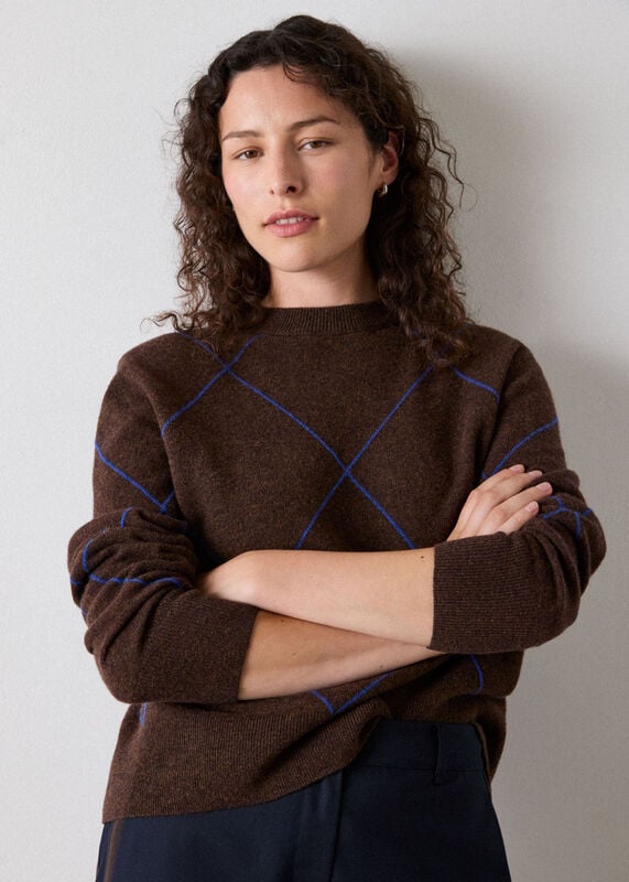 Brown Wool Contrast Diamond Knit