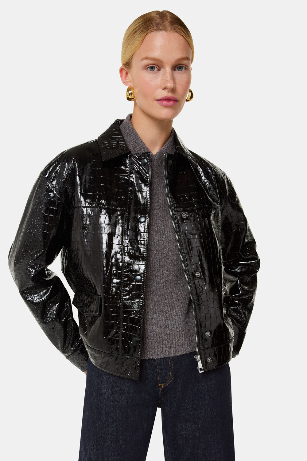 Black Casi Patent Leather Croc Biker