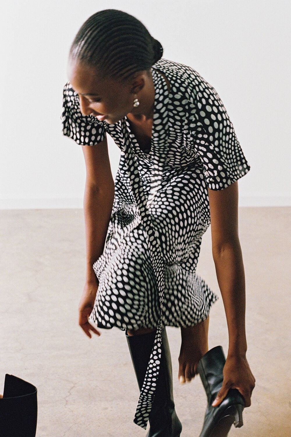 Black Mixed Spot V Neck Midi Dress