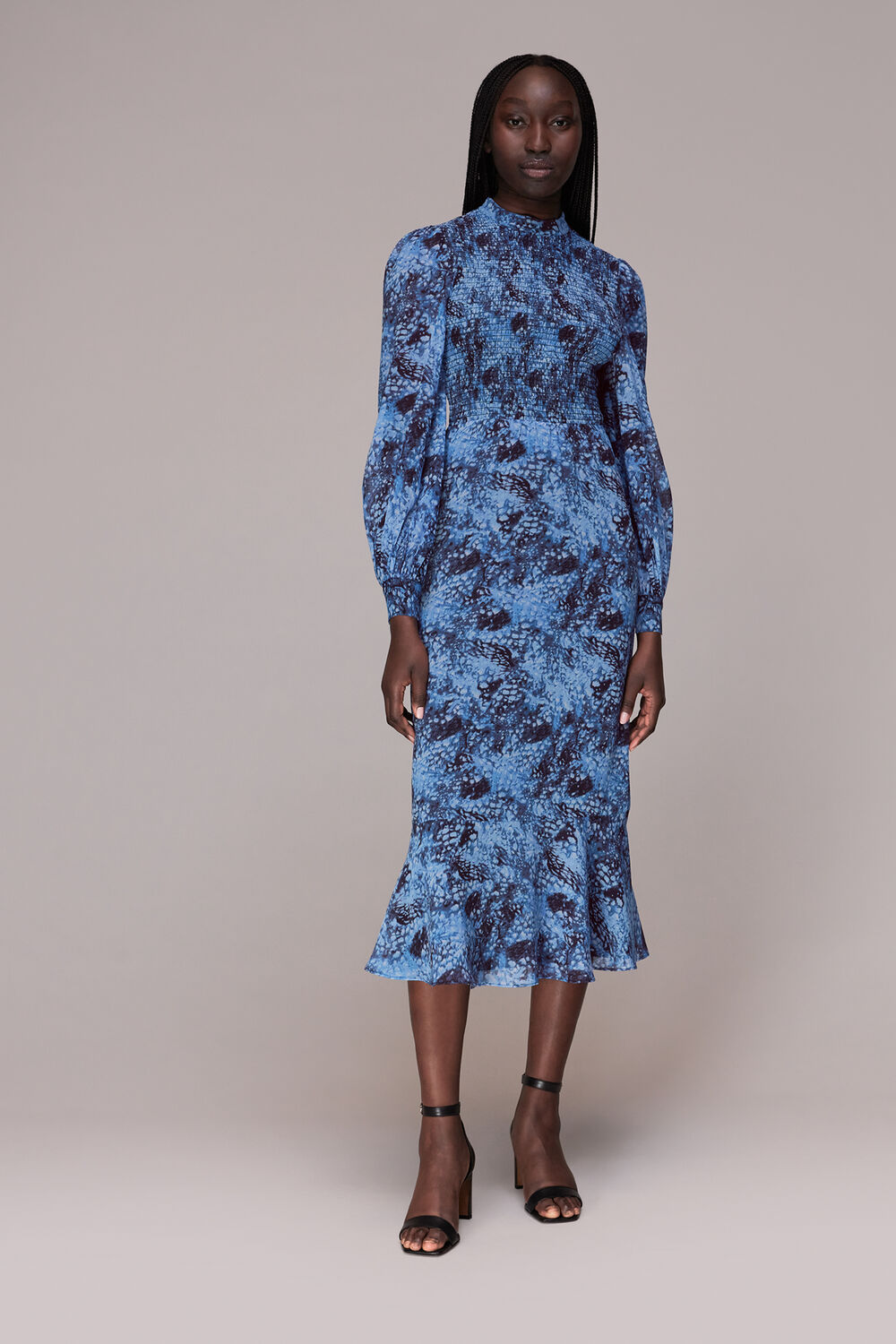 Blue Snow Flurry Shirred Midi Dress