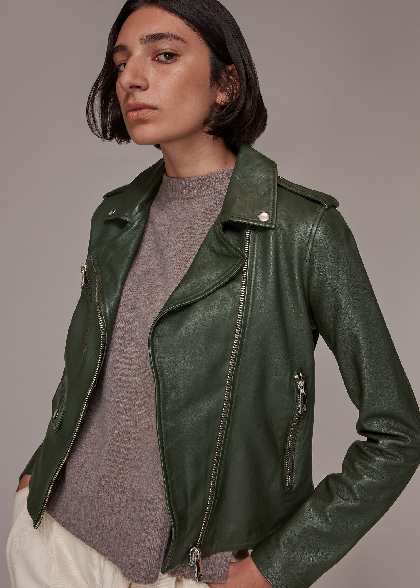 Dark Green Sheepskin Leather Biker Jacket | Whistles |