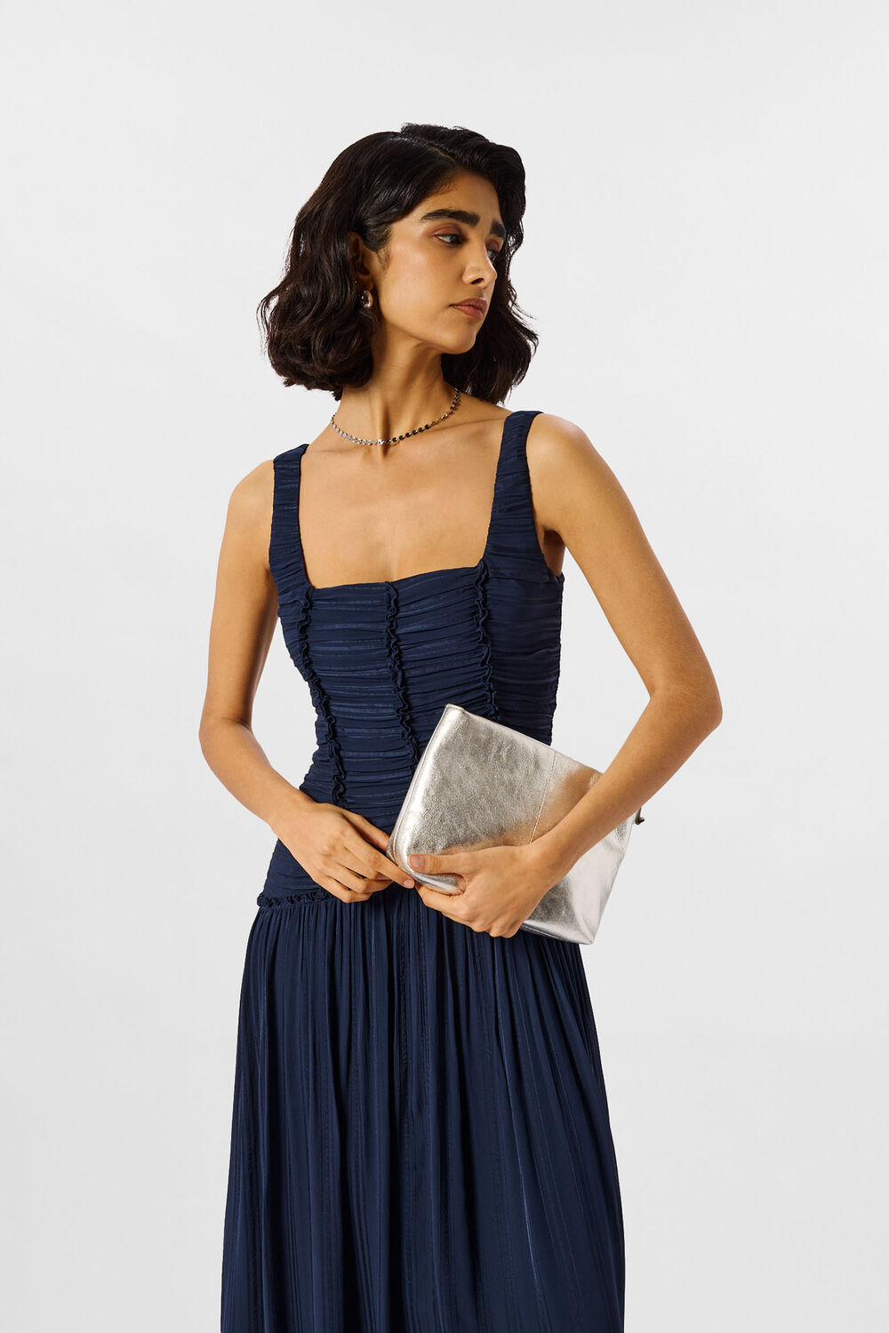 Navy Shirred Bodice Dress