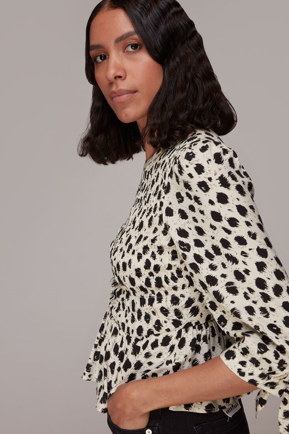 Black Brushed Dalmatian Shirred Top