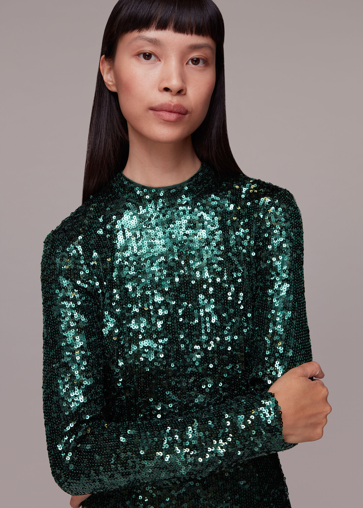 Dark Green Minimal Sequin Midi Dress WHISTLES