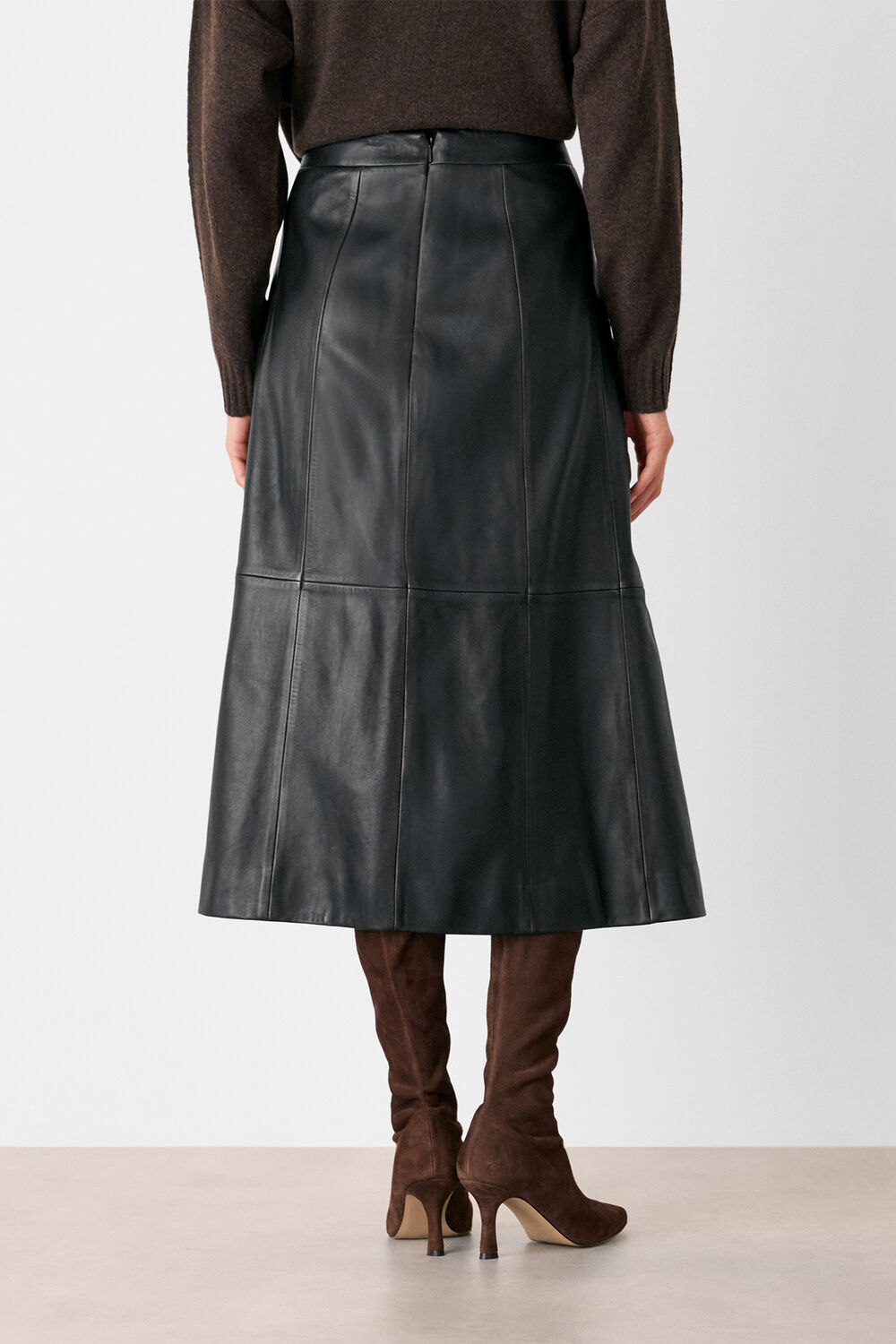 Black Burnished Leather Midi Skirt