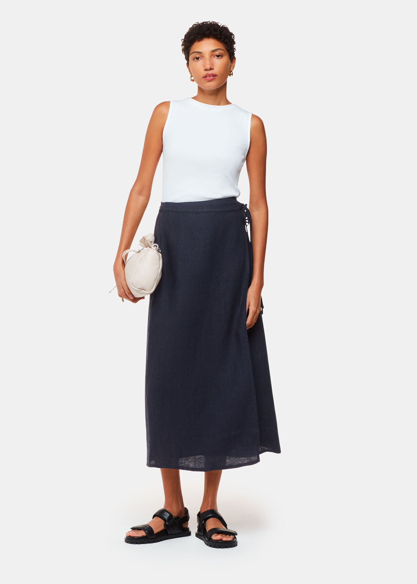 Navy Linen Wrap Midi Skirt | WHISTLES | Whistles US |