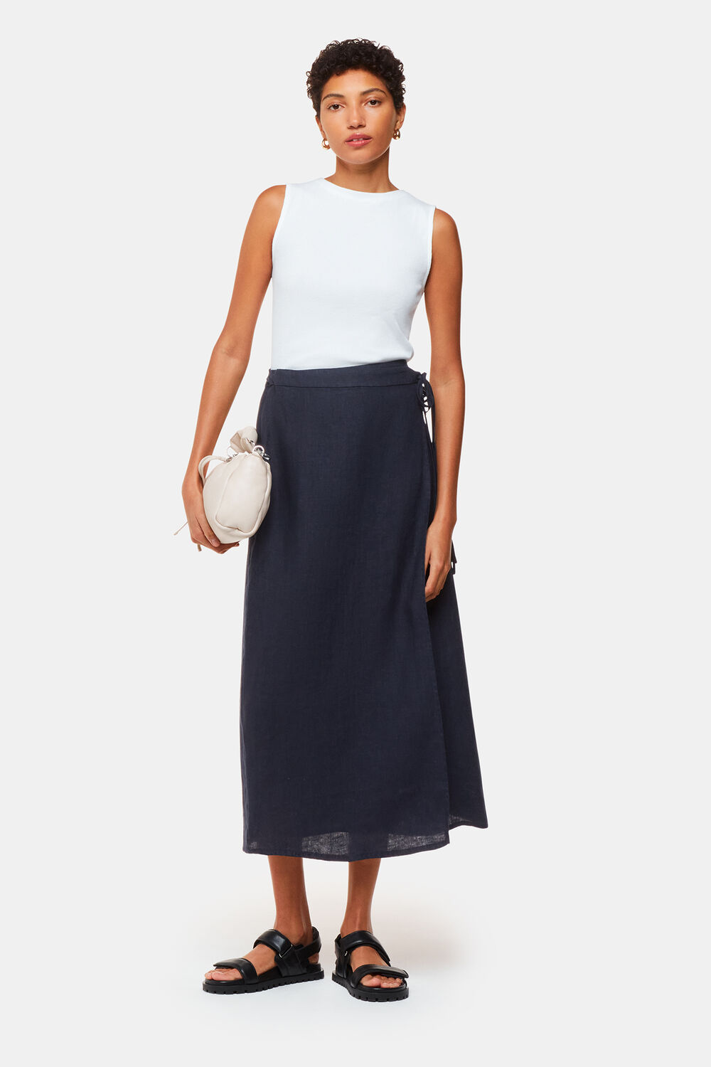 Navy Linen Wrap Midi Skirt