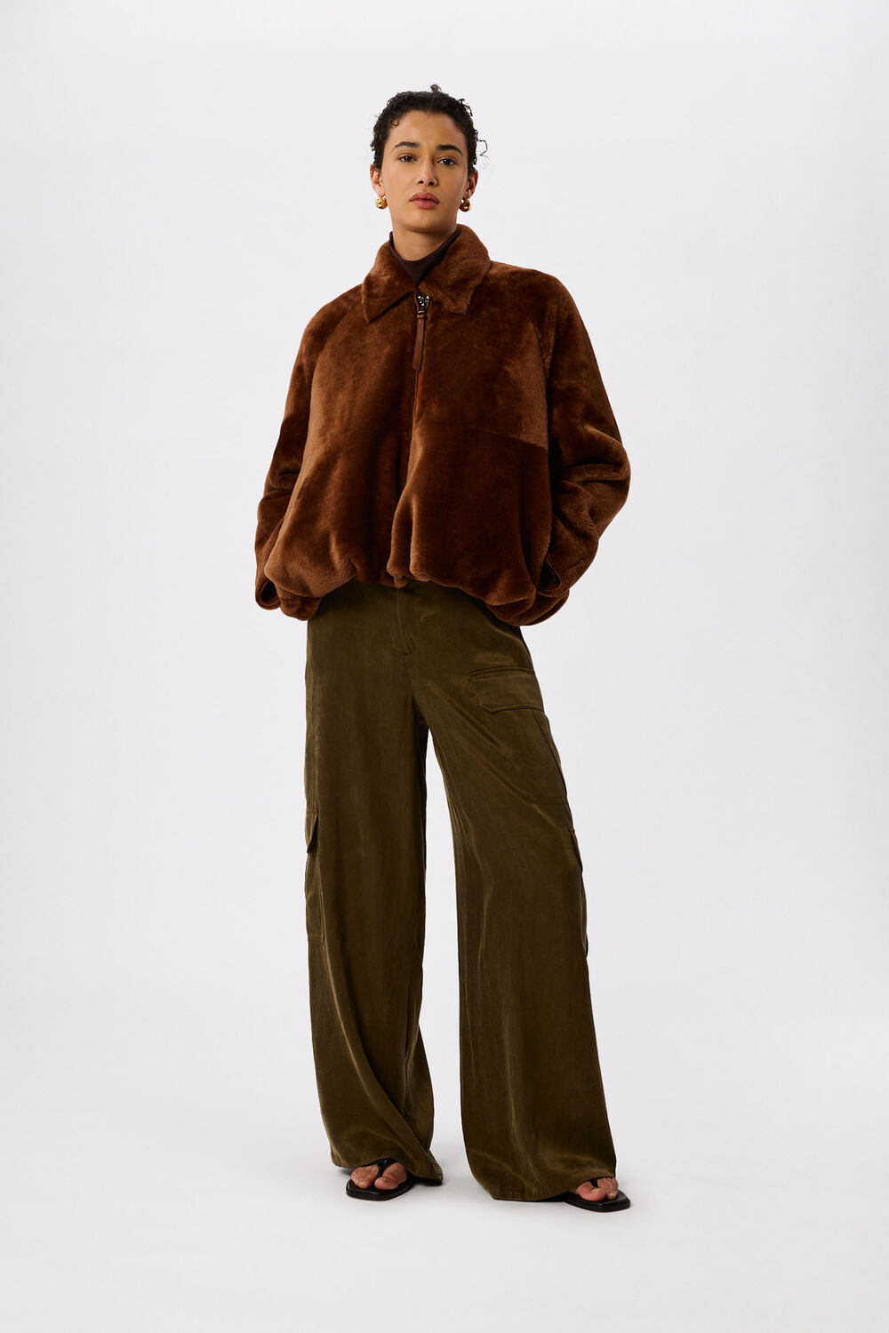 Chocolate Gathered Shearling Jacket