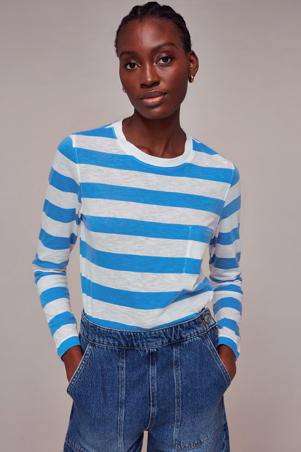 Crew Neck Stripe Pocket Top