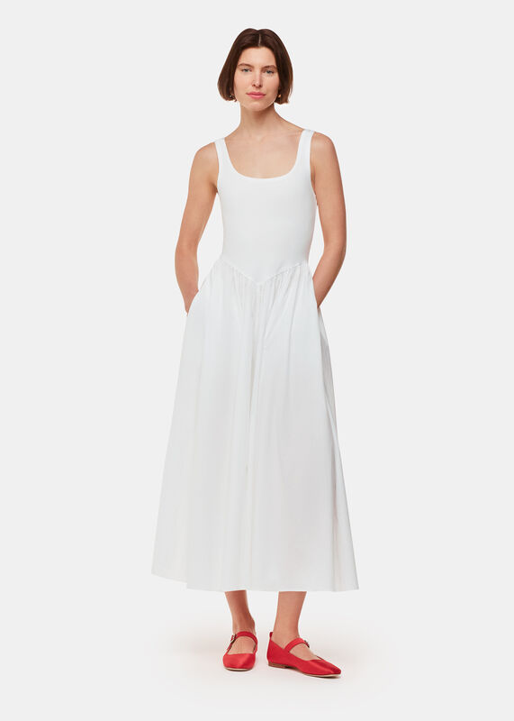 White Poplin Cotton Mix Midi Dress