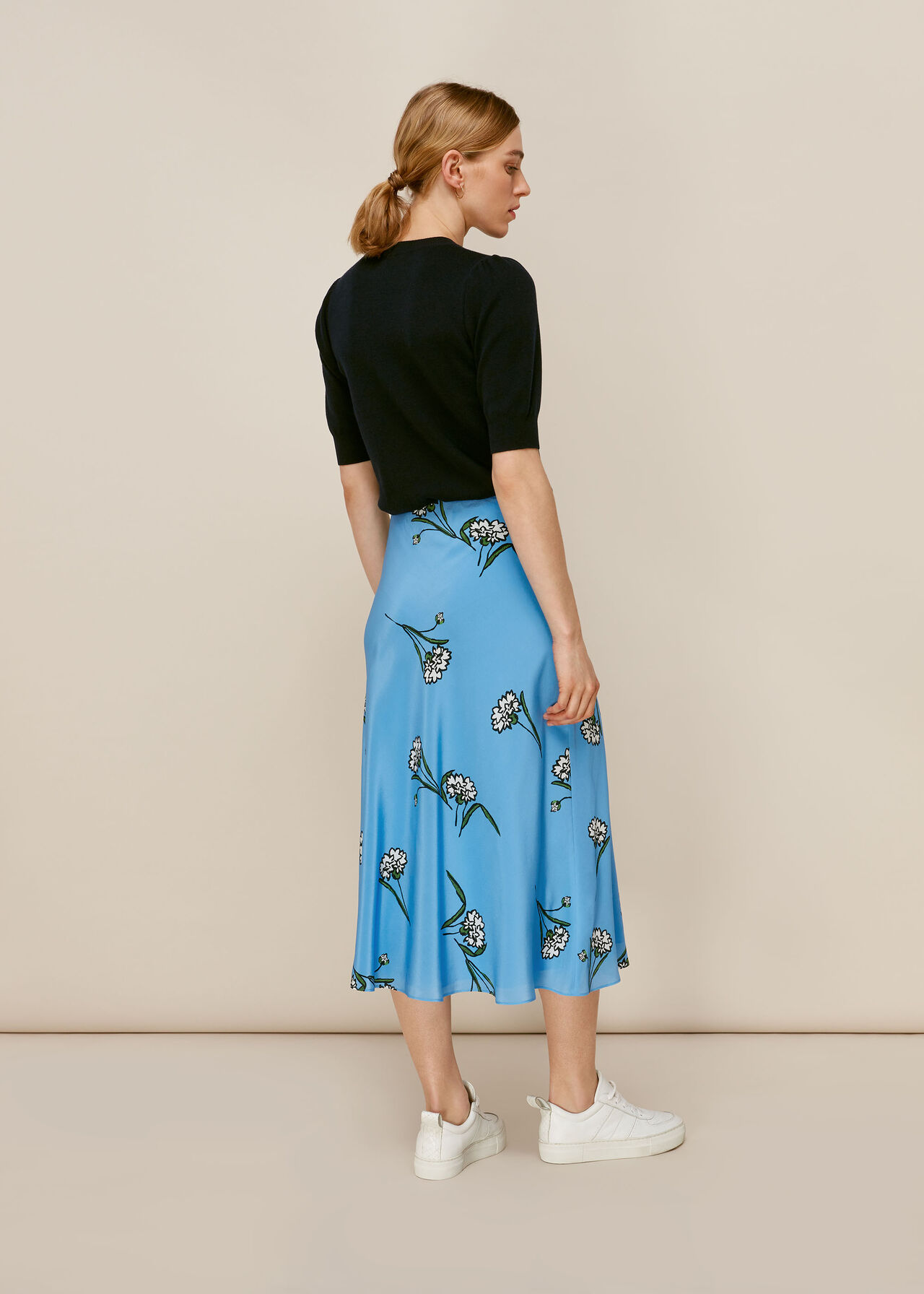 Blue/Multi Sprig Floral Silk Bias Skirt | WHISTLES | Whistles UK