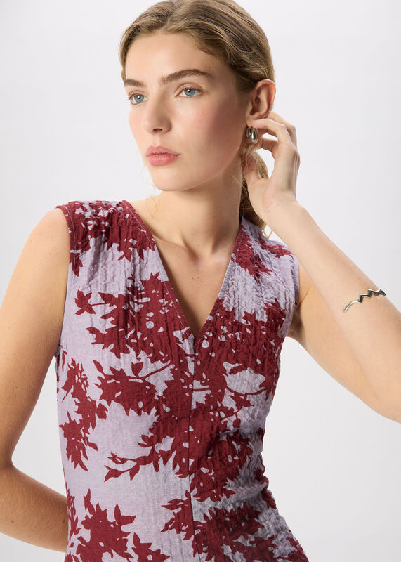 Purple Floral V Neck Textured Dress