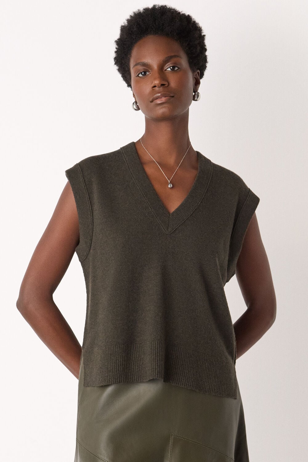 Khaki Wool V Neck Tank