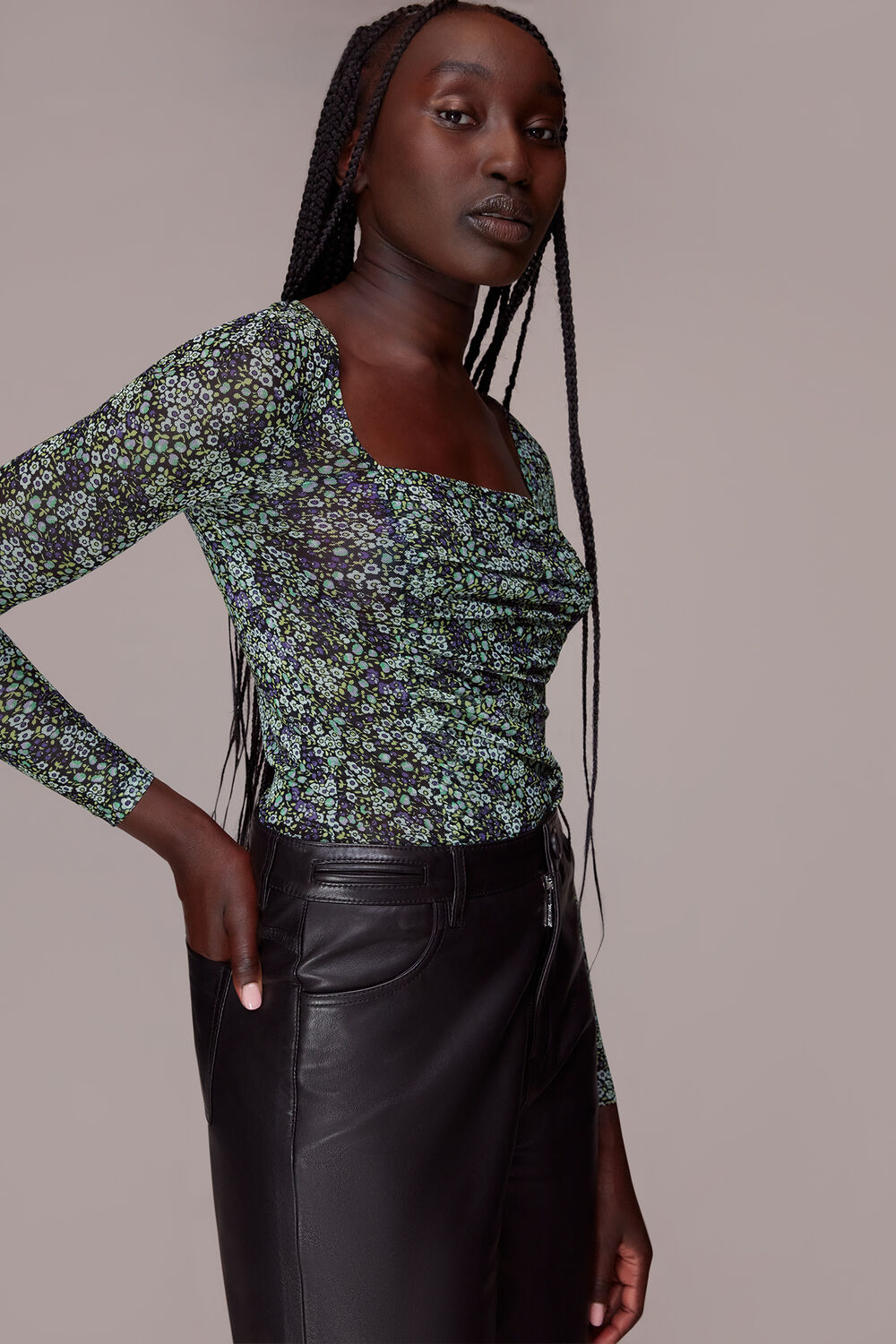 Mesh Square Neck Gathered Top