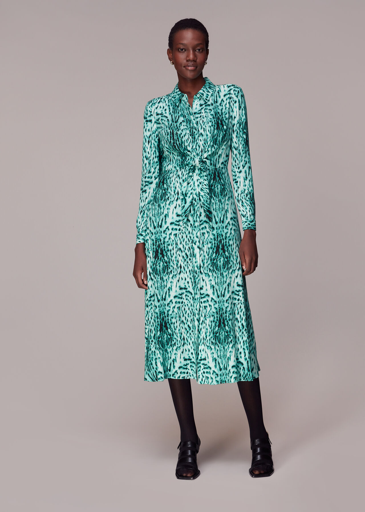 Green/Multi Brushed Leopard Tie Midi Dress | WHISTLES