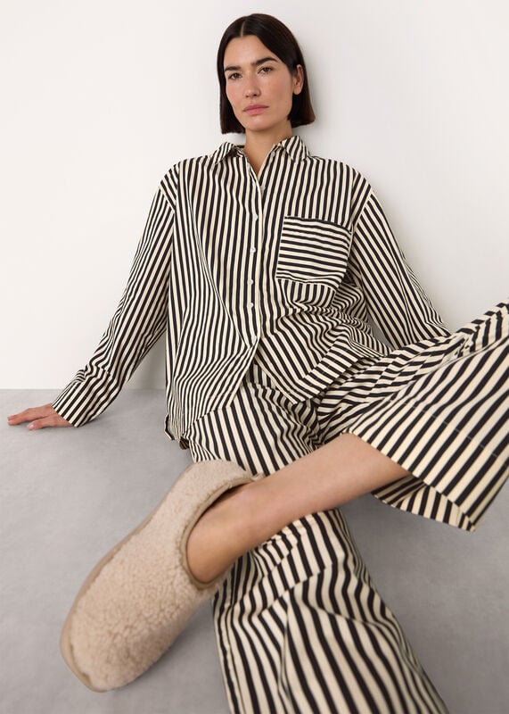 Black Cotton Stripe Pajama Shirt 