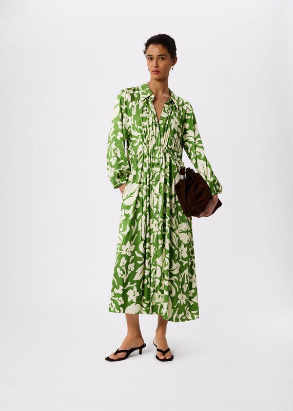 Green Floral Trapeze Shirt Dress