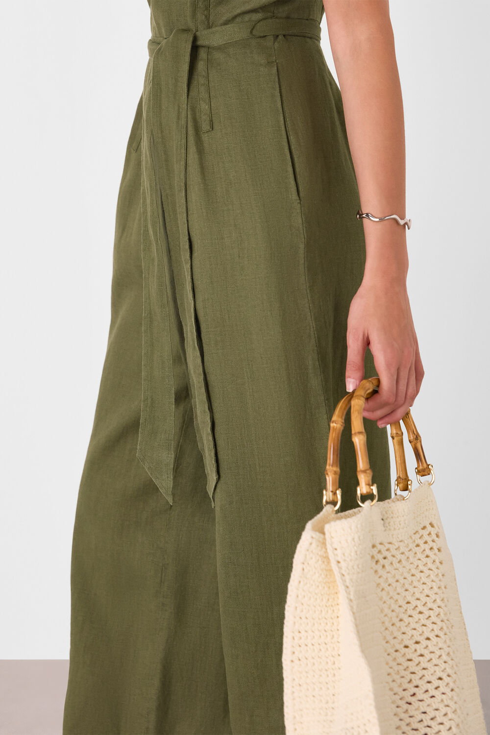 Khaki Belted Seamed Linen Jumpsuit