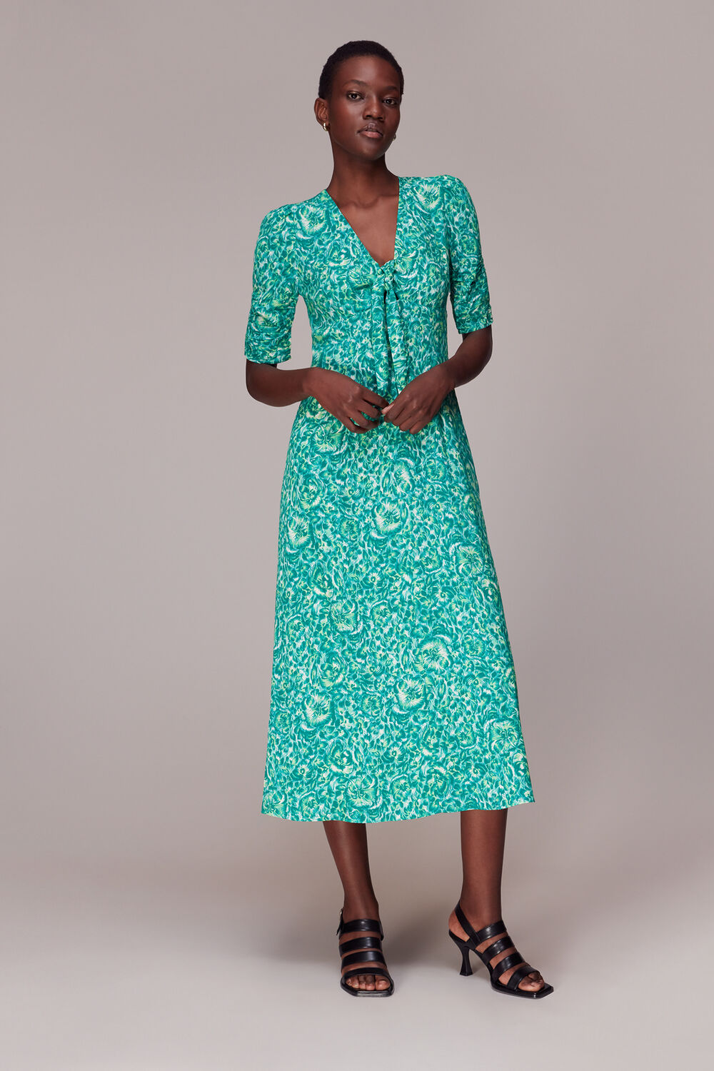 Green Clouded Floral Tie Midi Dress
