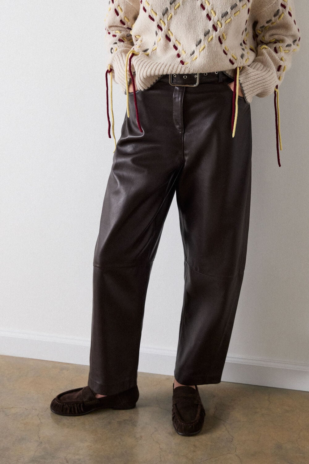 Brown Belted Leather Barrel Trouser