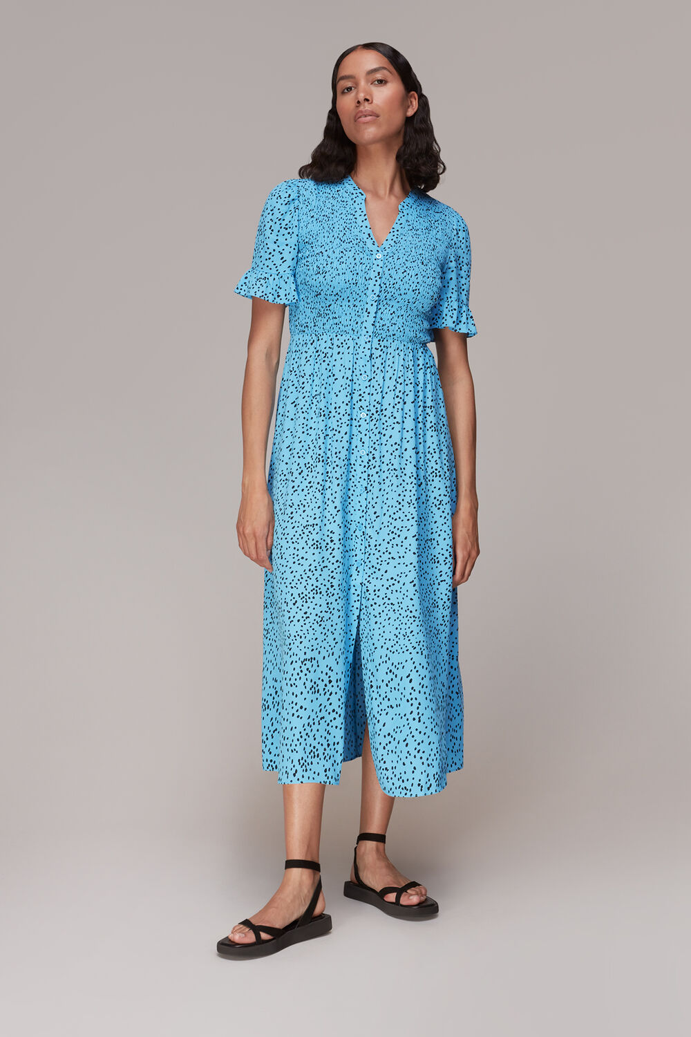 Blue Spotted Dot Shirred Midi Dress