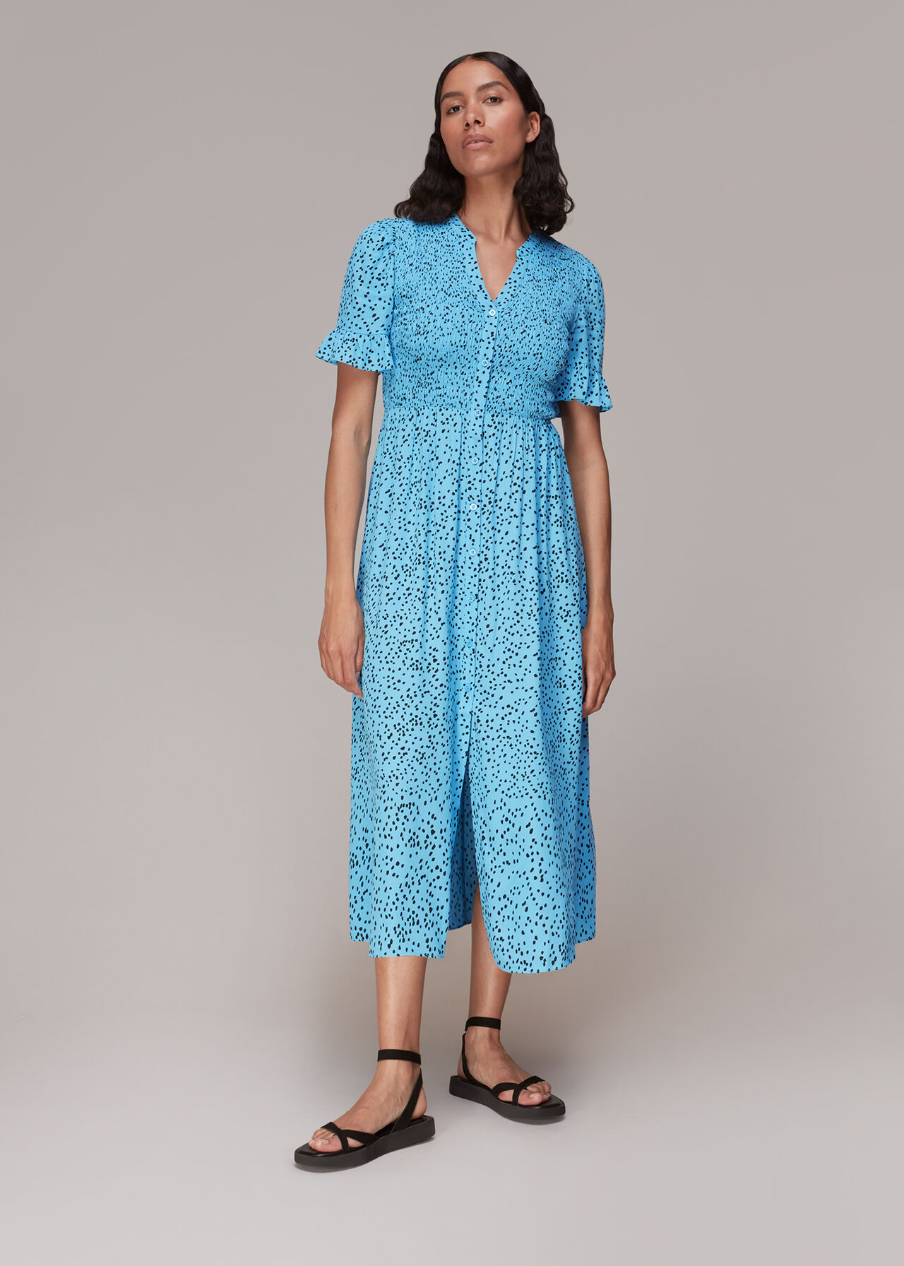 Blue/Multi Spotted Dot Shirred Midi Dress | WHISTLES | Whistles UK