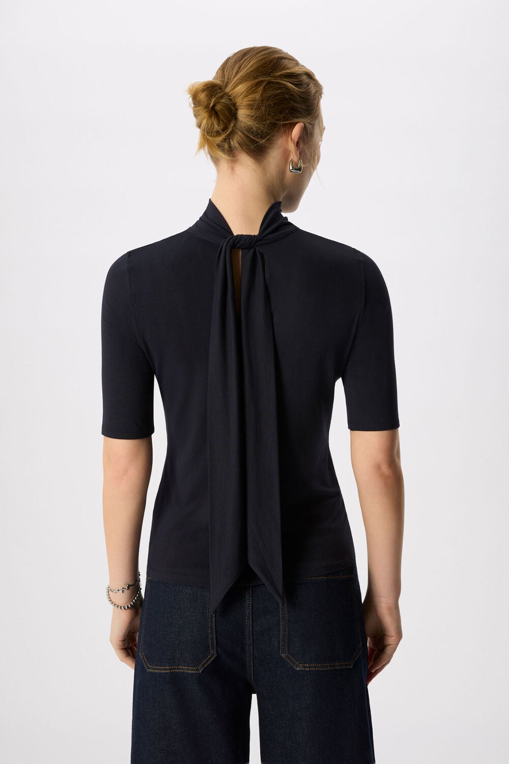 Navy Tie Neck Detail Top