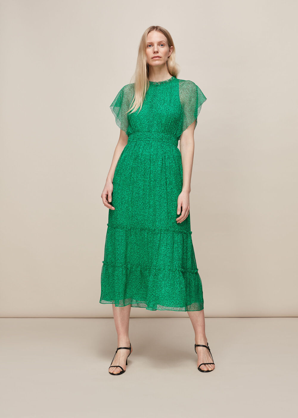 whistles green floral dress Green/Multi Sketched Floral Frill Dress | WHISTLES
