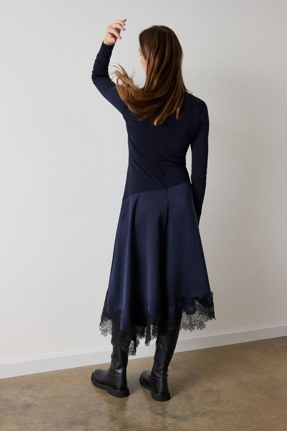 Navy Knit Hybrid Lace Trim Dress