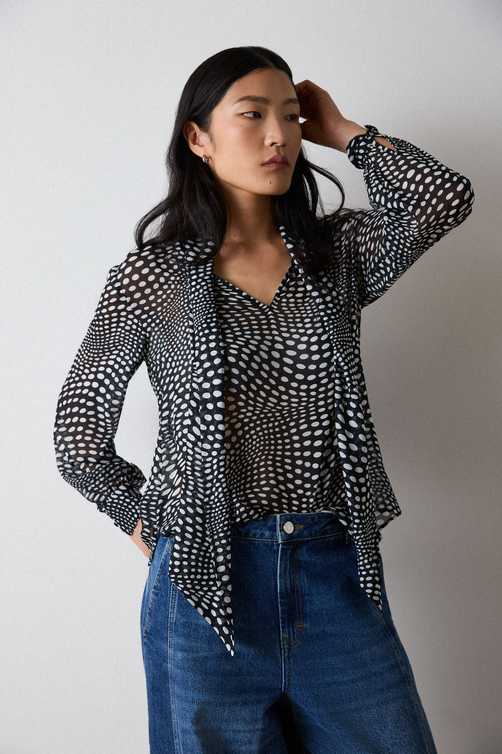 Black Mixed Spot Scarf Sheer Blouse