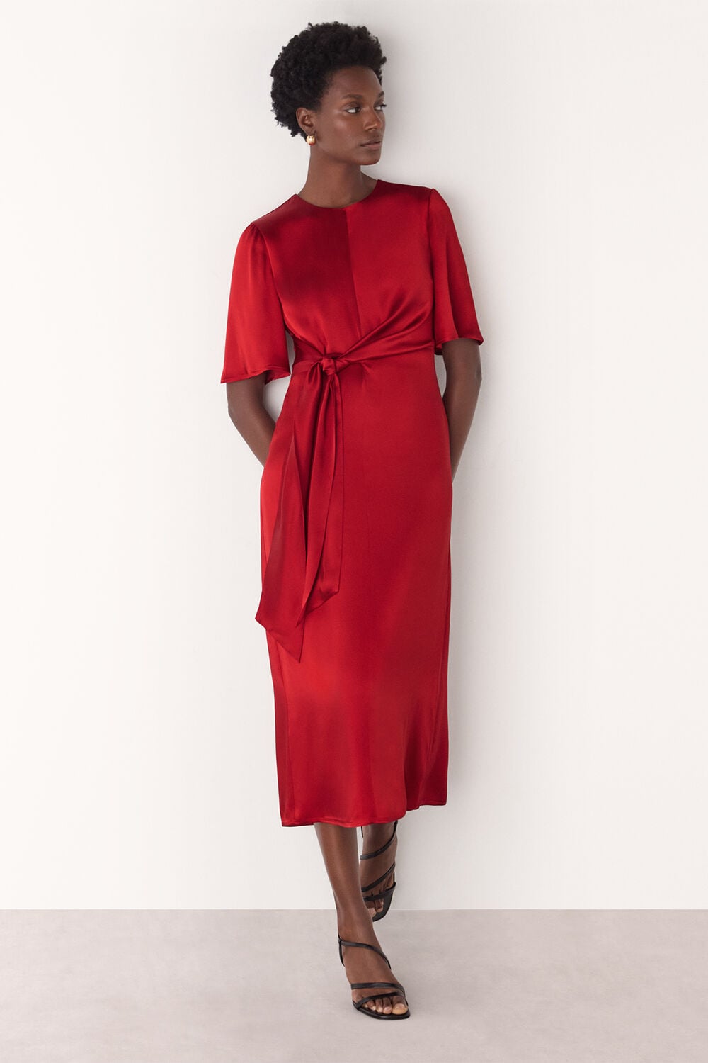 Red Satin Twist Waist Midi Dress