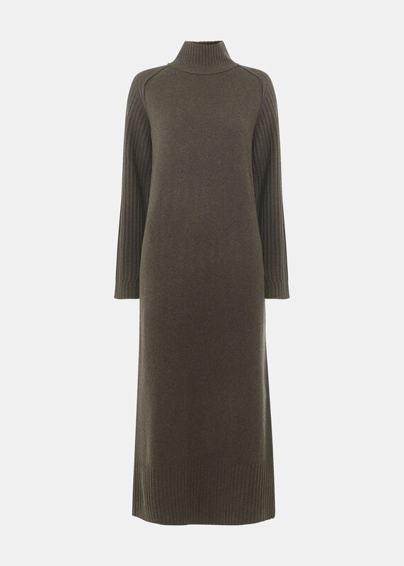 Dark Green Funnel Neck Wool Midi Dress