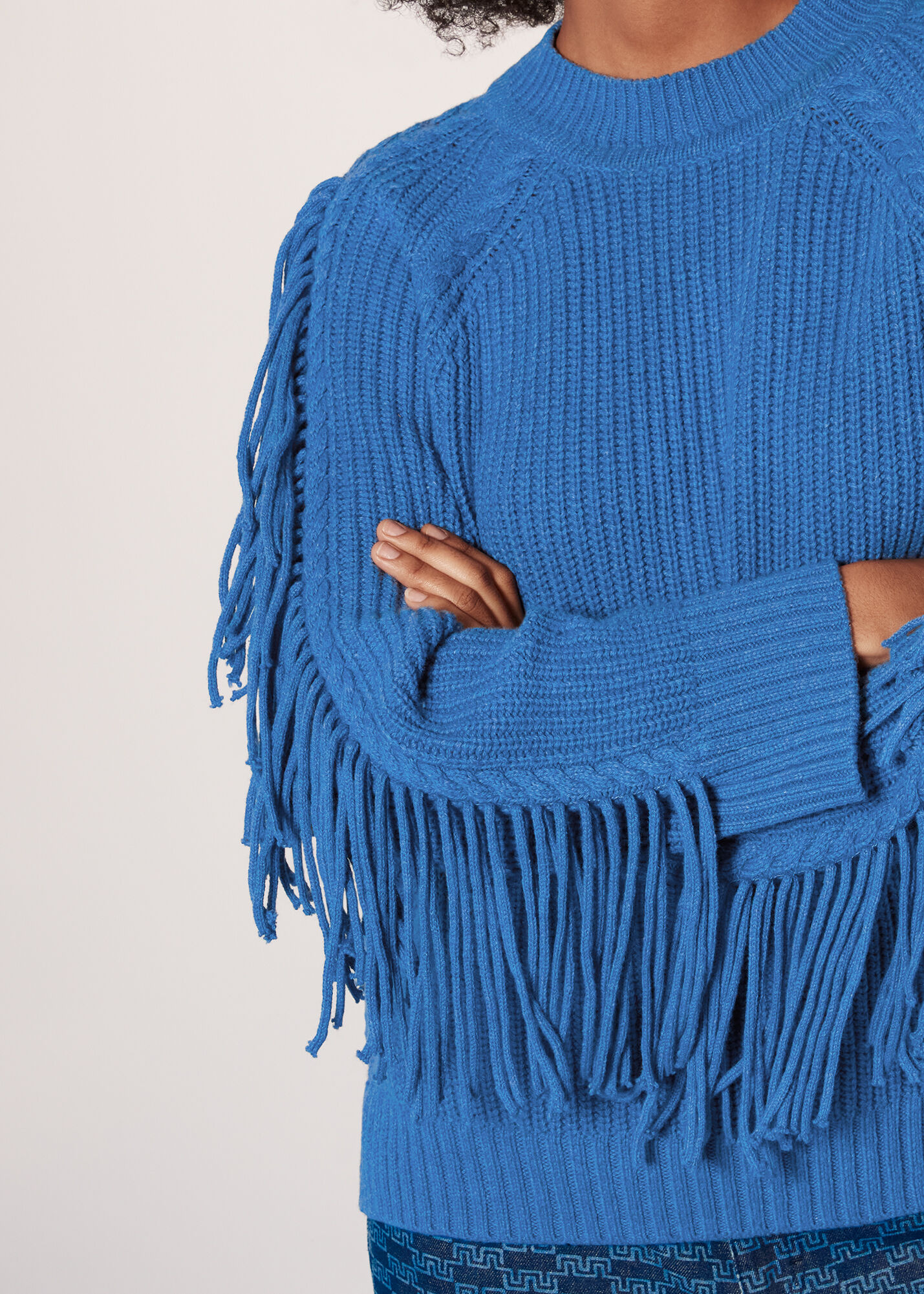 Blue Fringe Sleeve Cable Sweater | WHISTLES | Whistles US |