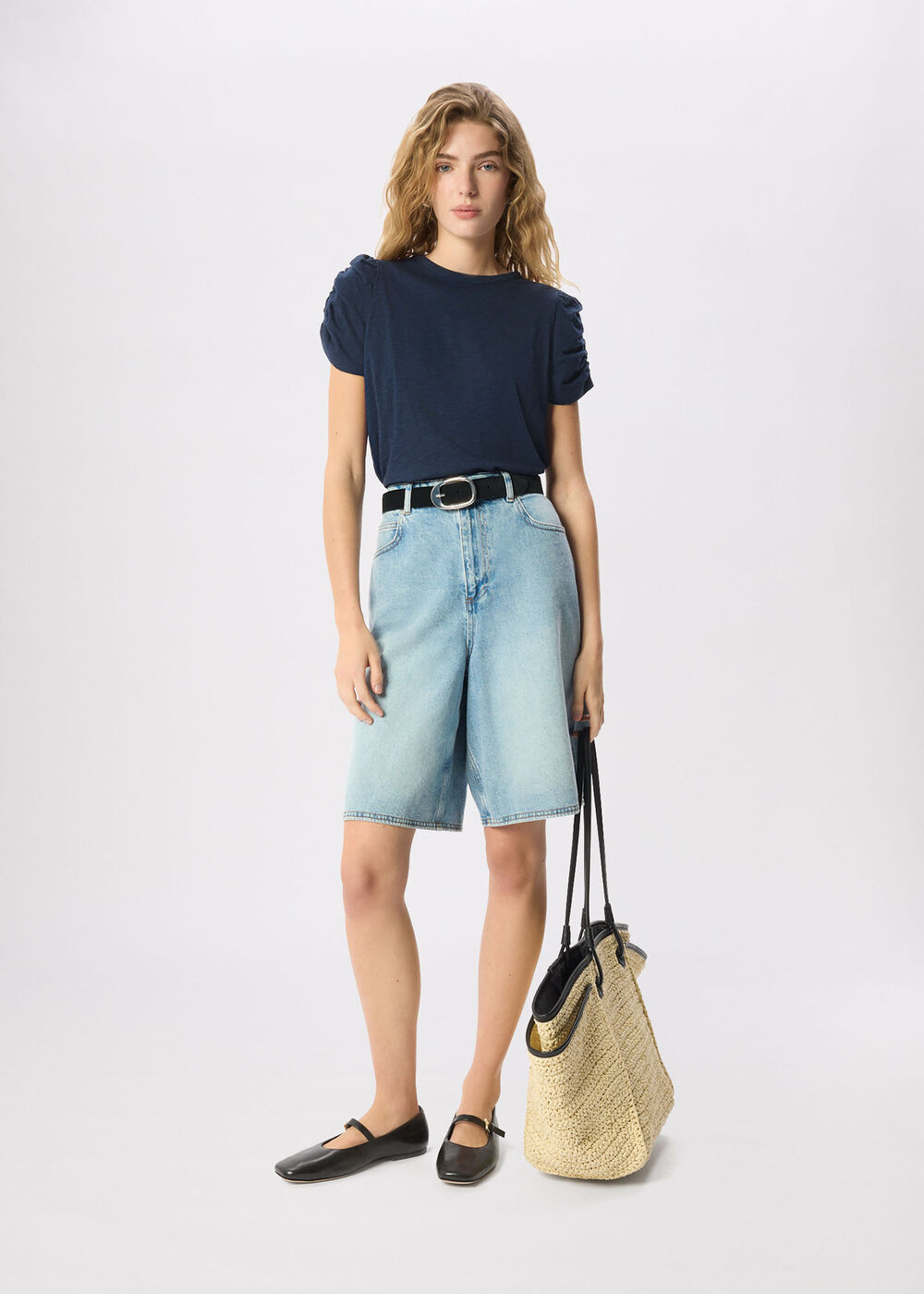 Round Neck Gathered Sleeve Tee