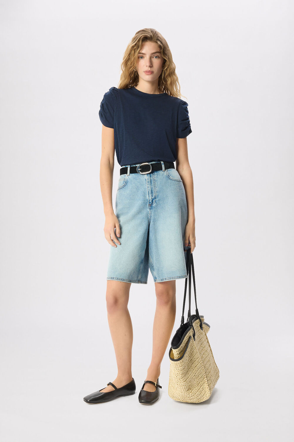 Navy Round Neck Gathered Sleeve Tee