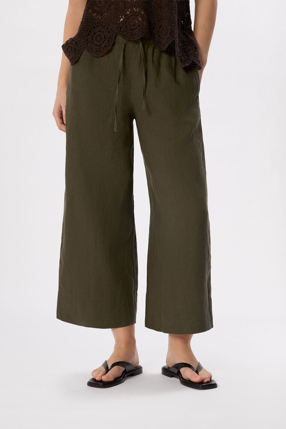 Khaki Elasticated Linen Crop Trouser