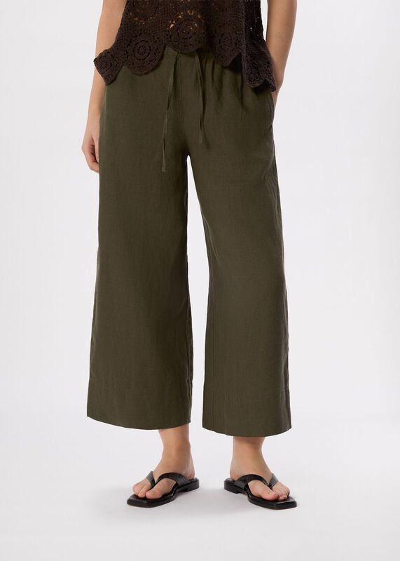 Khaki Elasticated Linen Crop Trouser
