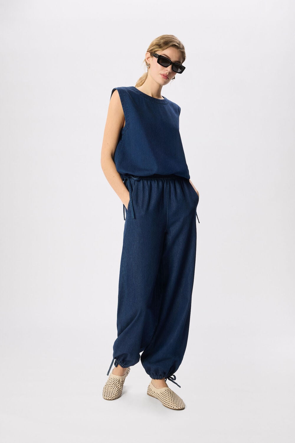 Dark Denim Tie Hem Balloon Trouser
