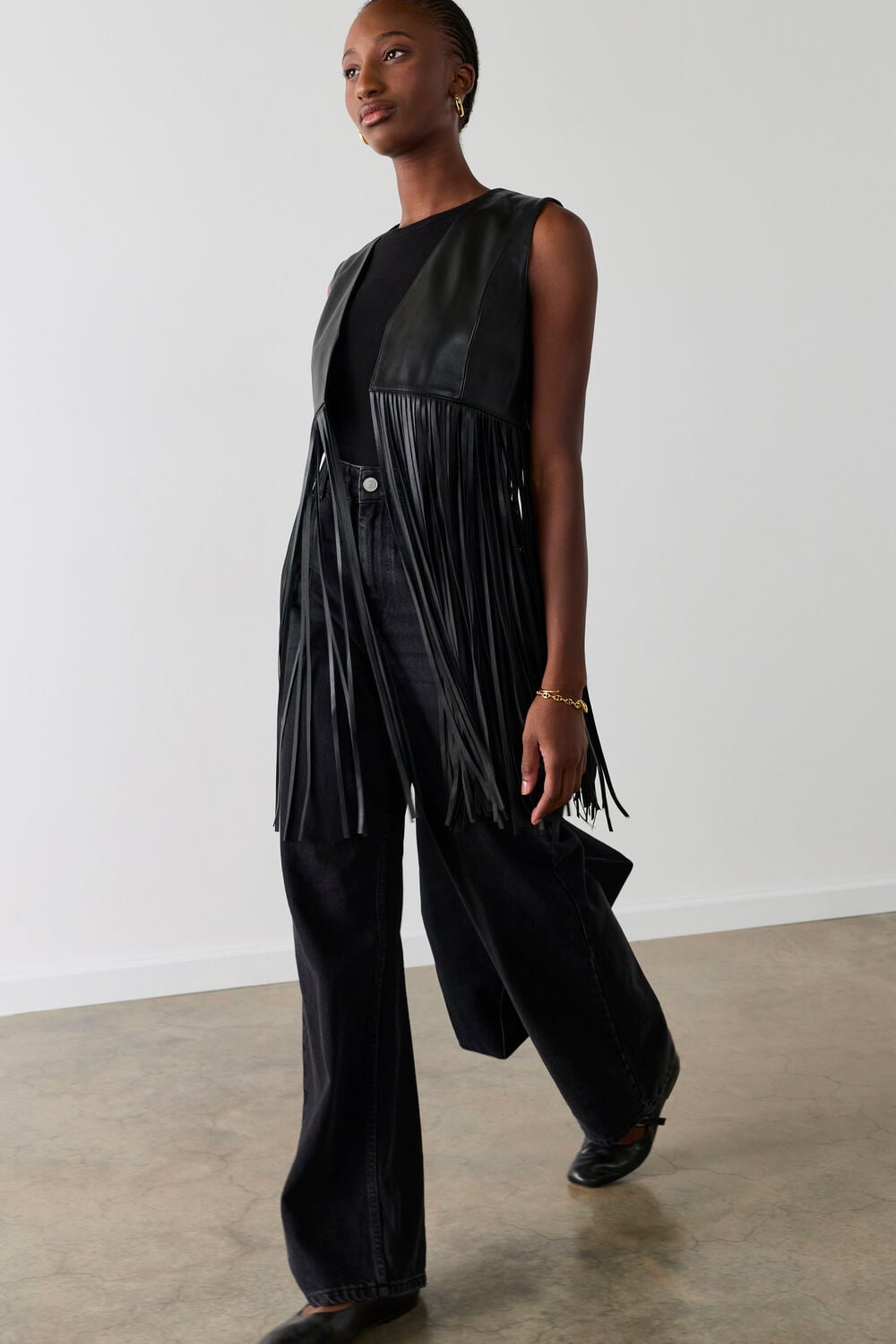 Black Rei Leather Fringed Waistcoat