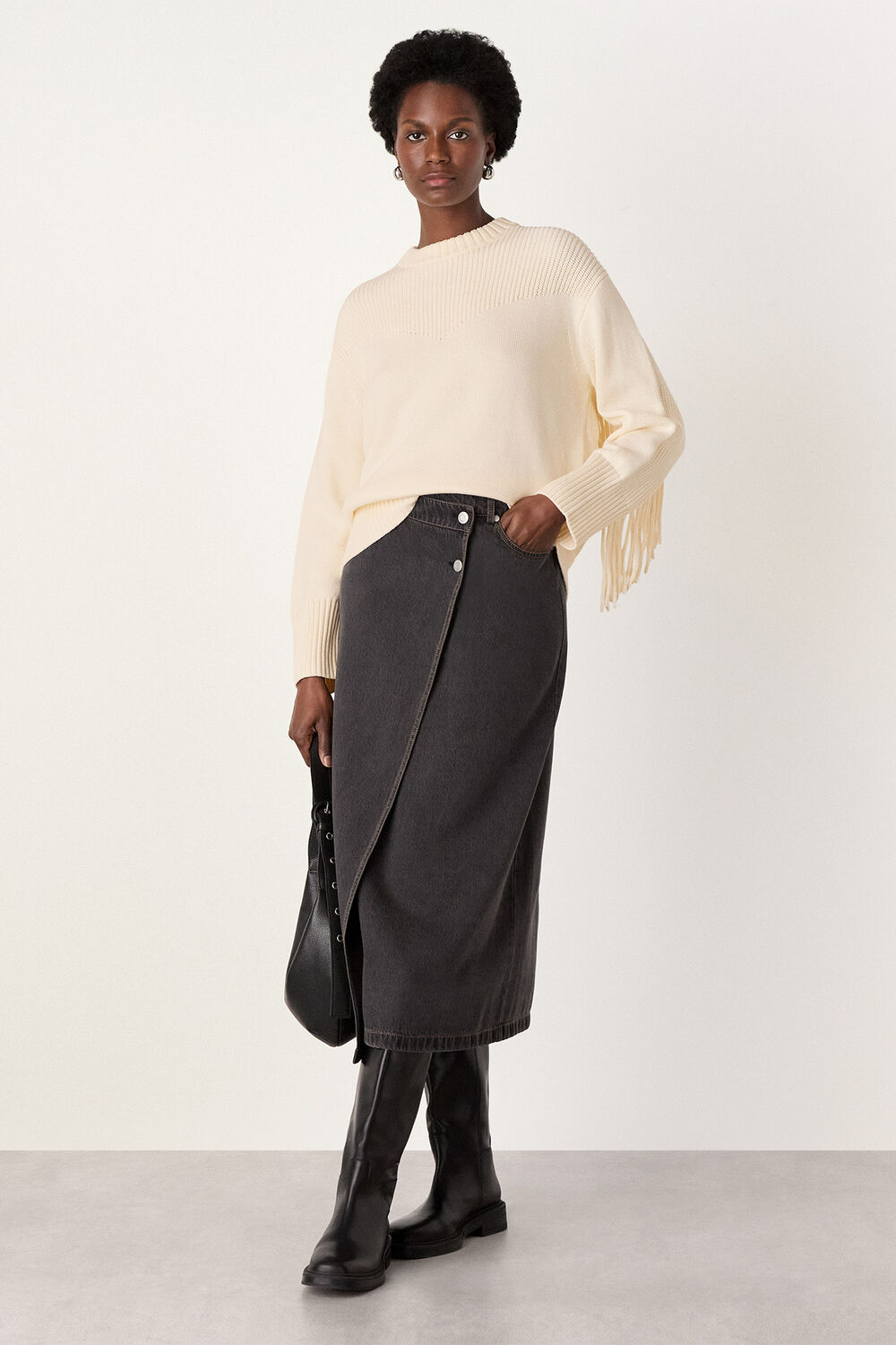Ivory Fringe Rib Detail Cotton Knit